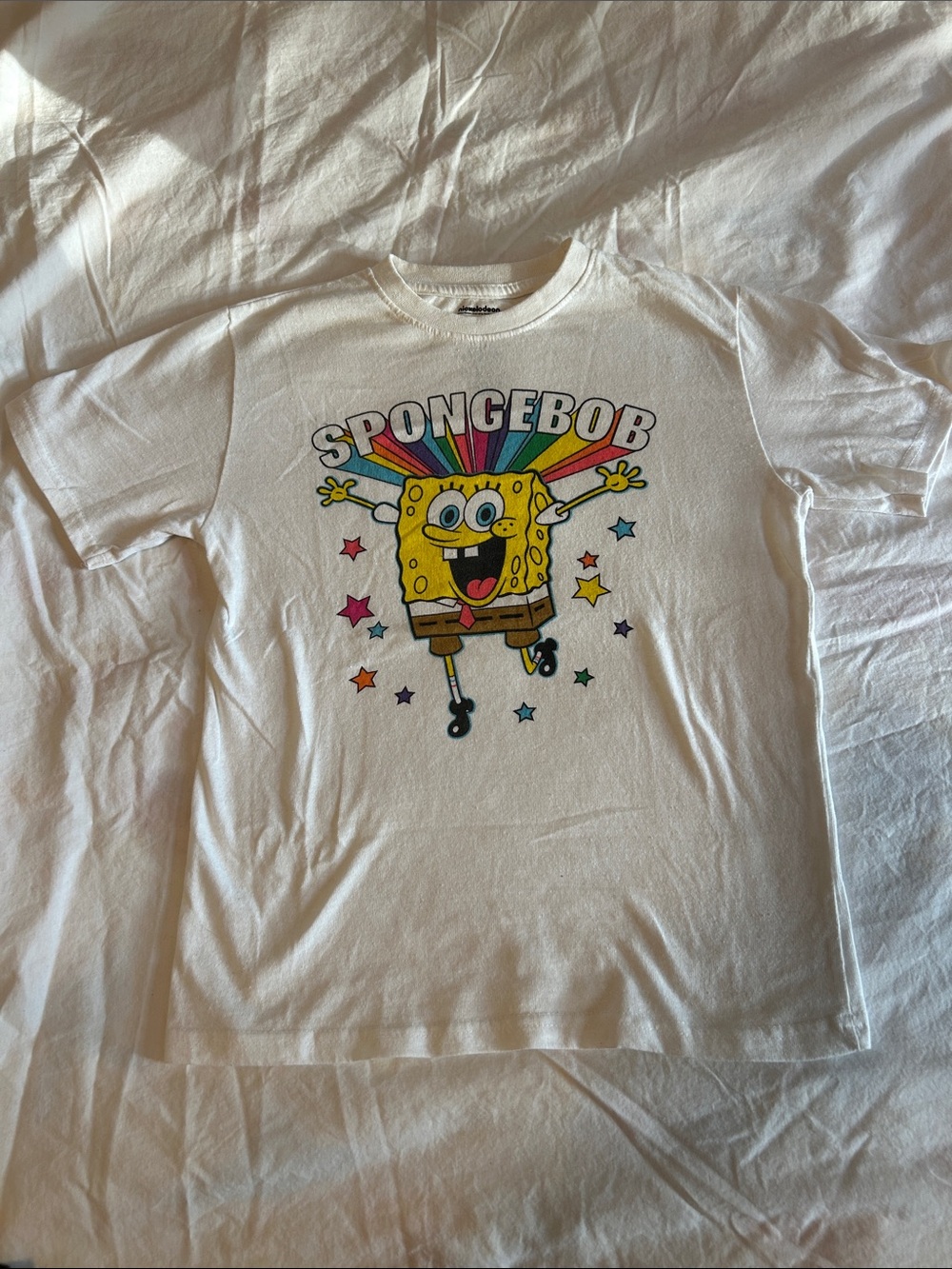 SpongeBob White Kids Graphic Tee - Colorful Cartoon Print fits women’s xs-sm